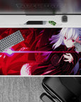 Red and pink neon anime desk pad 40x20 inches with glossy shadows and dangerous night vibe.