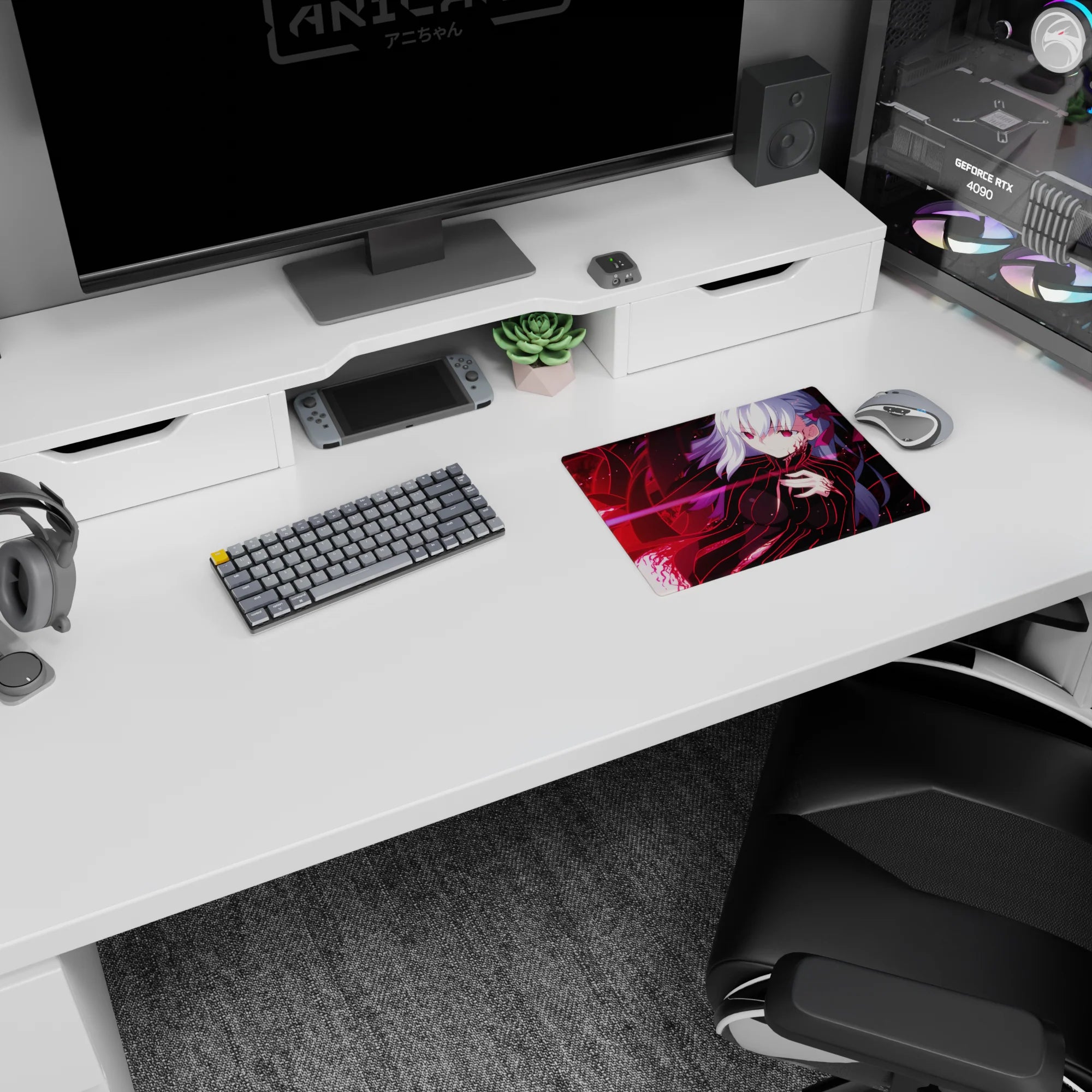 Silver-haired anime girl lounging with sly smile, orb firing pink beam on mouse pad 14x10 inches.