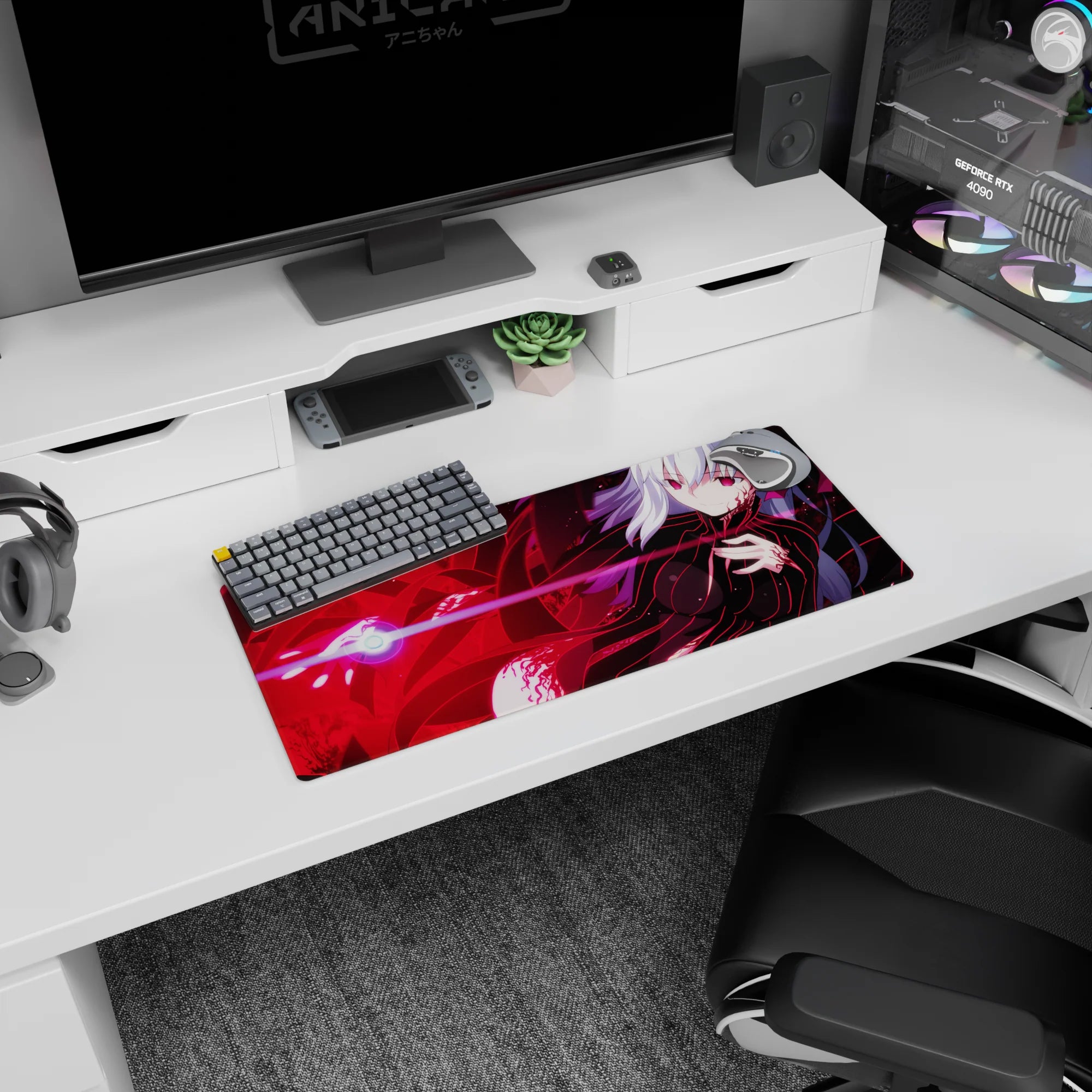 28x12 inches anime girl mouse pad showing silver-haired girl lounging, firing a pink beam from a glowing orb.