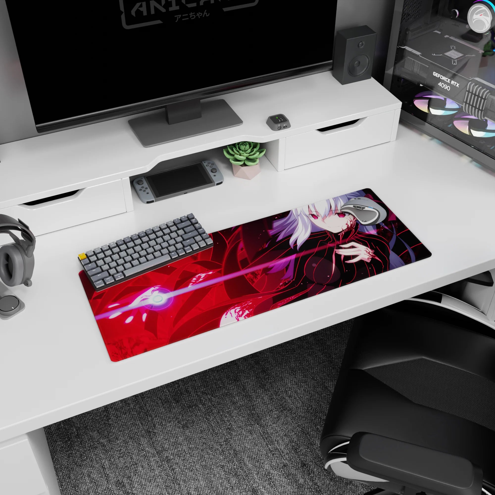 32x12 inches anime girl mouse pad showing silver-haired girl firing a pink beam from a glowing orb at desk.