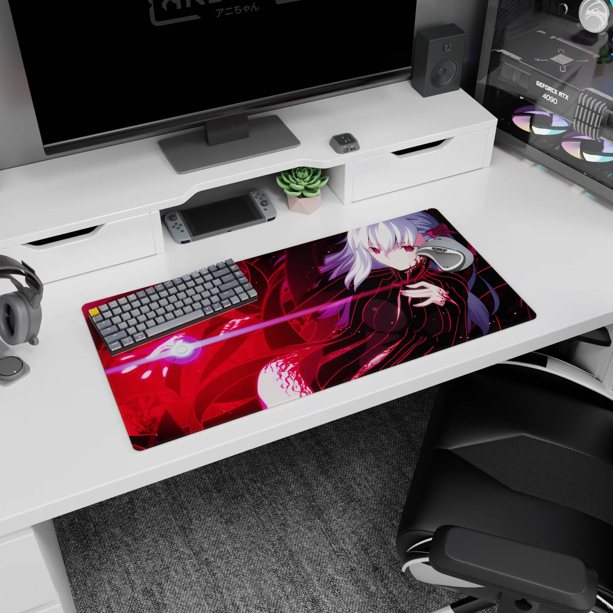 32x16 inches anime girl mouse pad featuring lounging silver-haired girl firing a glowing orb beam.