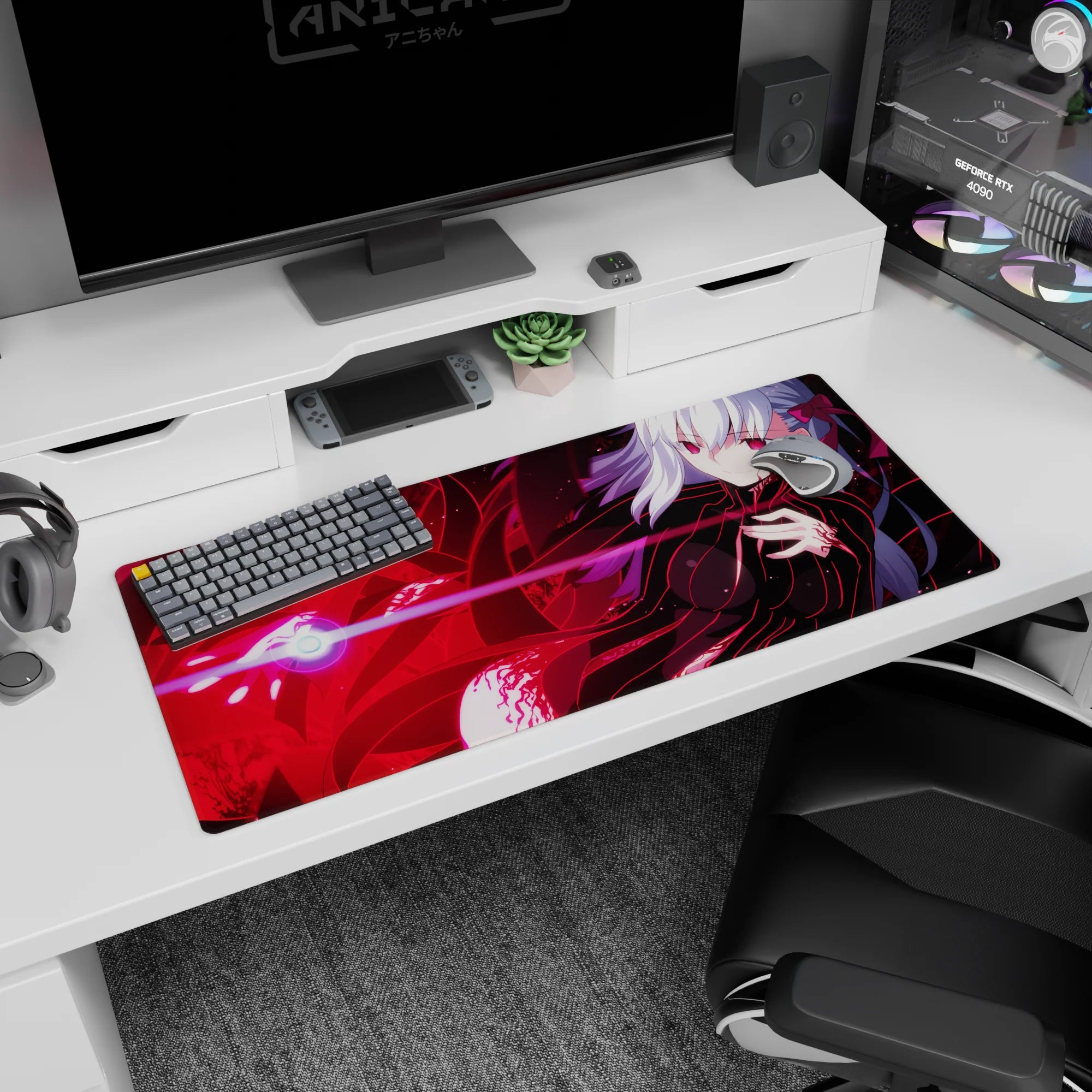 36x16 inches anime girl desk pad showing a sly silver-haired girl firing a pink beam from a glowing orb.