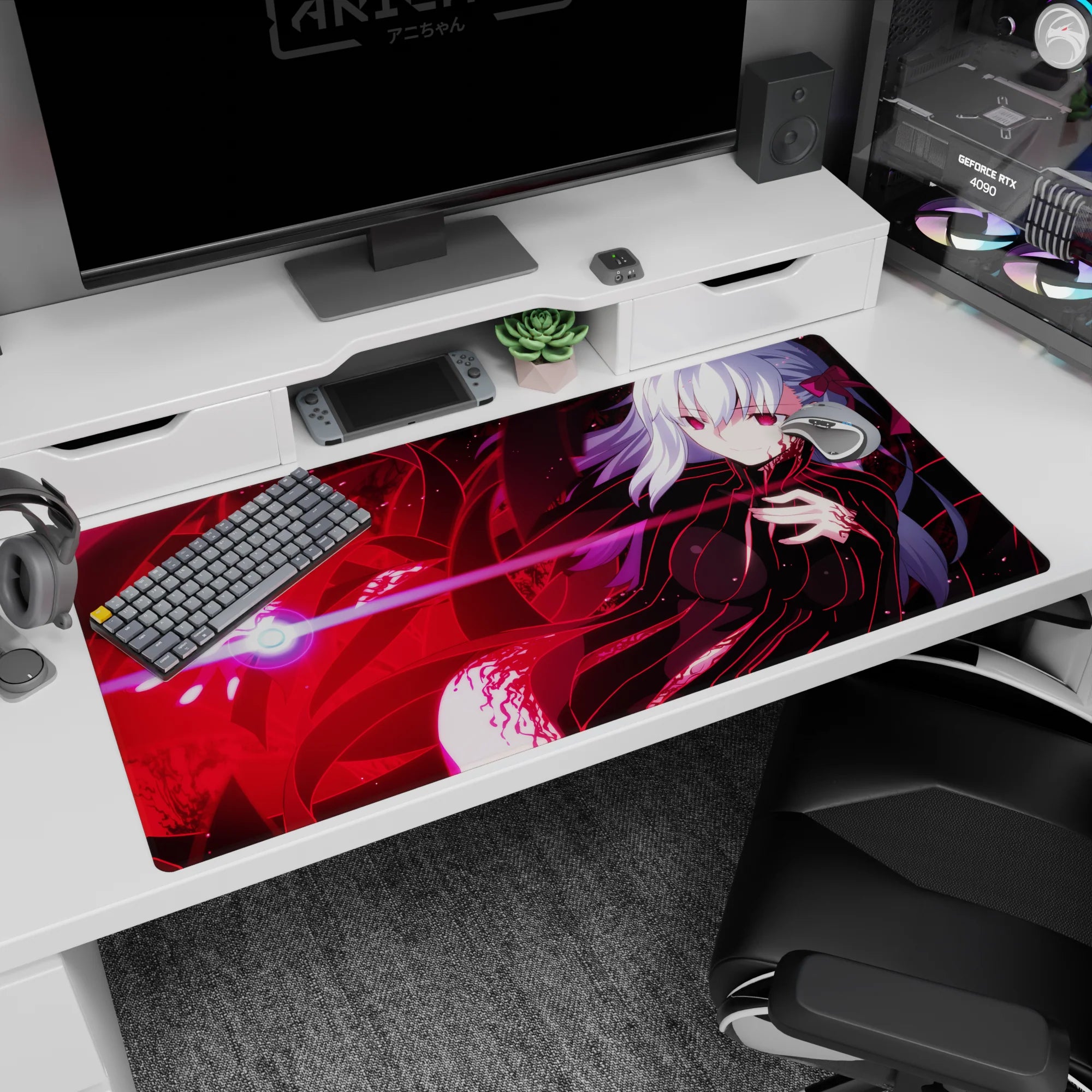Silver-haired anime girl desk pad 40x20 inches, lounging by a desk while firing a pink beam.