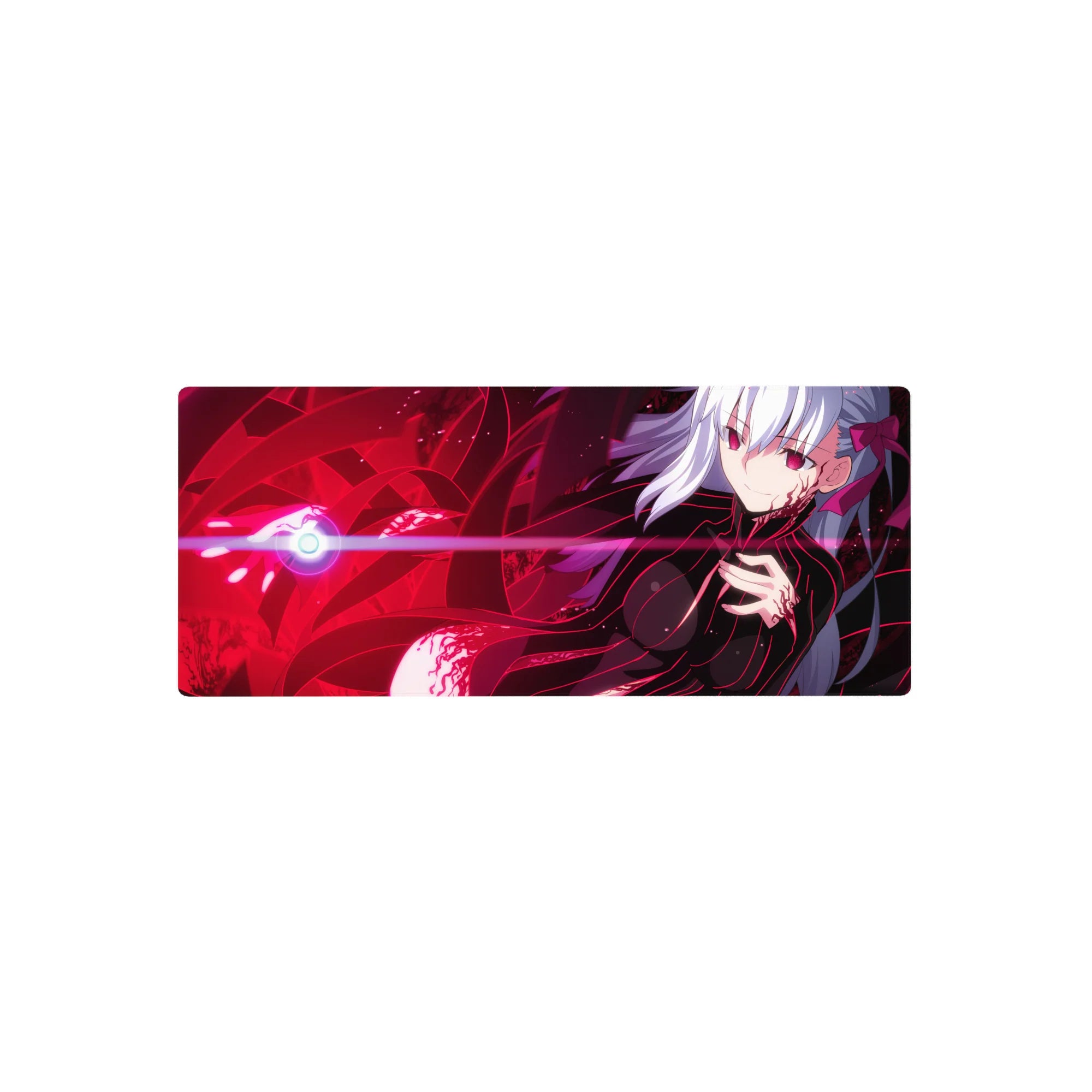28x12 inches anime girl mouse pad with silver-haired girl, neon bodysuit, red accents, energy ribbons.