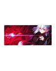 28x12 inches anime girl mouse pad with silver-haired girl, neon bodysuit, red accents, energy ribbons.