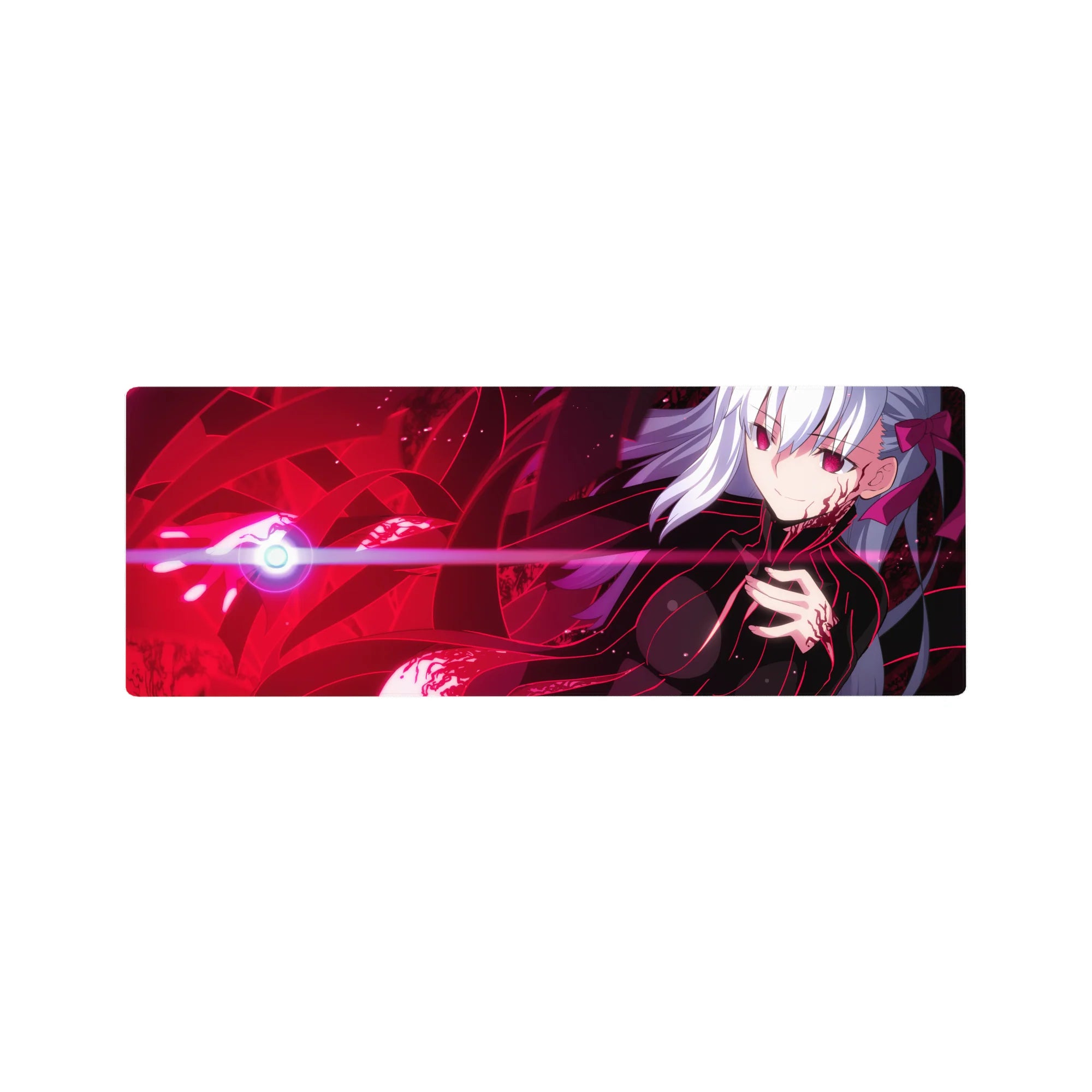 32x12 inches anime girl mouse pad with silver-haired girl, neon black bodysuit, red accents, energy ribbons.