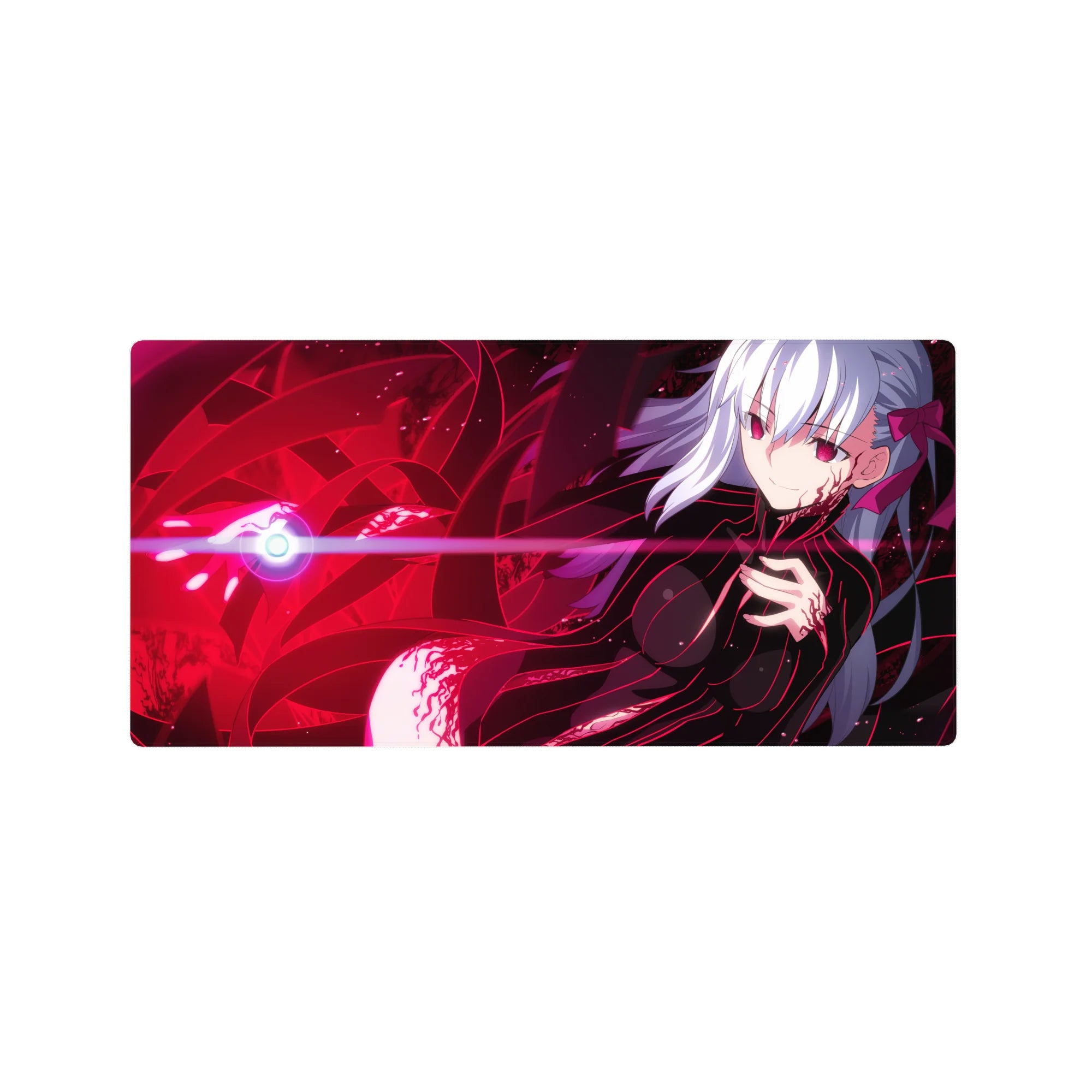 32x16 inches anime girl mouse pad with silver-haired cyber girl, neon bodysuit, red energy ribbons.