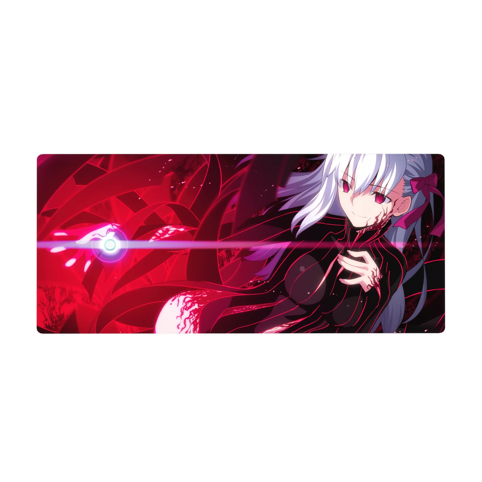 36x16 inches anime girl desk pad with silver-haired girl, neon black bodysuit, and crimson energy ribbons.