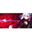 36x16 inches anime girl desk pad with silver-haired girl, neon black bodysuit, and crimson energy ribbons.
