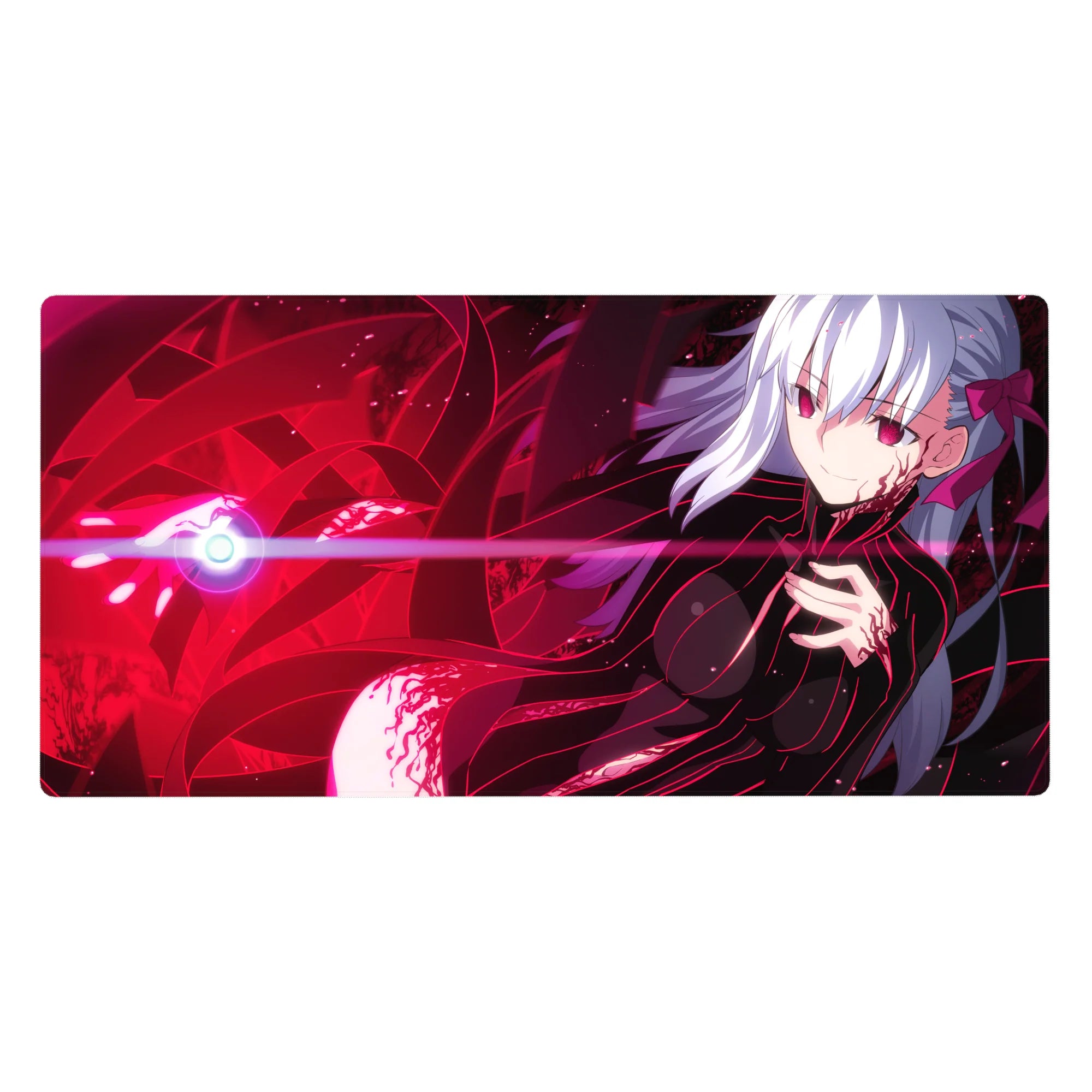 Anime girl desk pad 40x20 inches with silver-haired heroine, neon bodysuit, and energy ribbons.