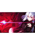 Anime girl desk pad 40x20 inches with silver-haired heroine, neon bodysuit, and energy ribbons.