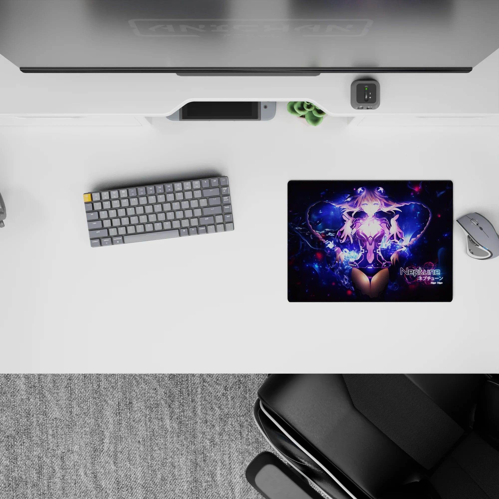 Galaxy-themed anime mouse pad 14x10 inches in electric violet and deep-space blue, dreamy neon glow.
