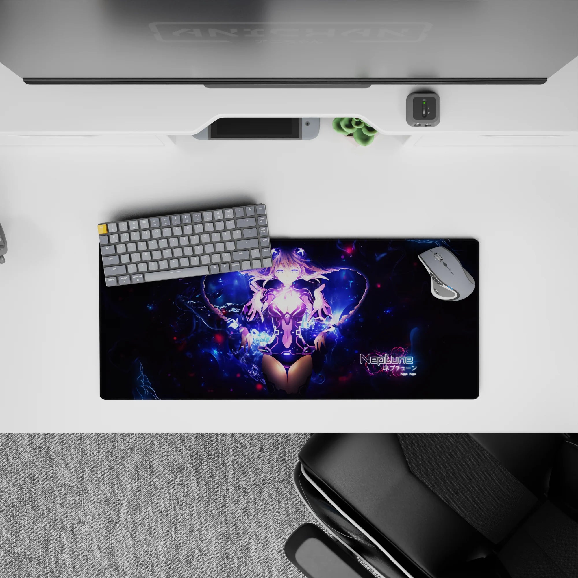 28x12 inches anime girl mouse pad in electric violet and deep-space blue with neon sparks, dreamy sci-fi vibe.