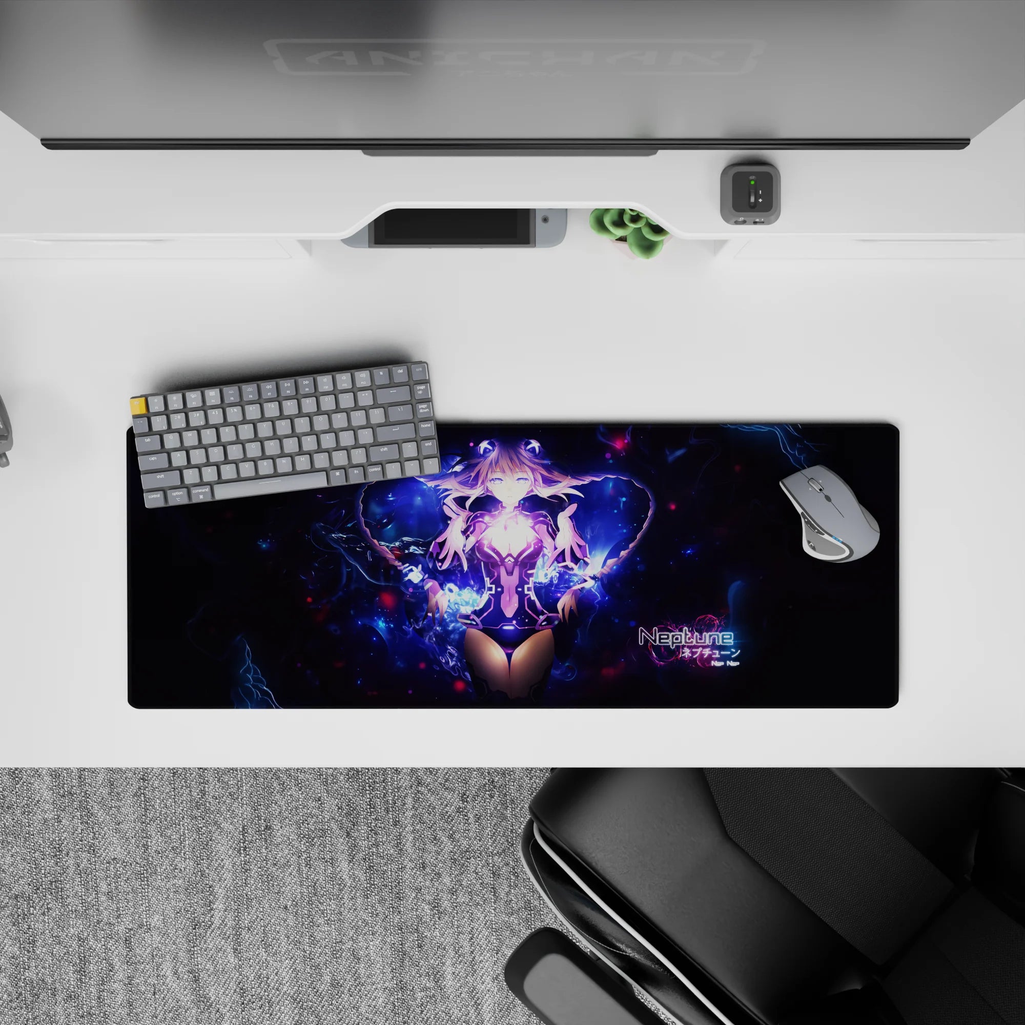 Neon violet and deep-space blue cosmic glow anime desk pad with sparks, 32x12 inches.
