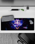 Neon violet and deep-space blue cosmic glow anime desk pad with sparks, 32x12 inches.