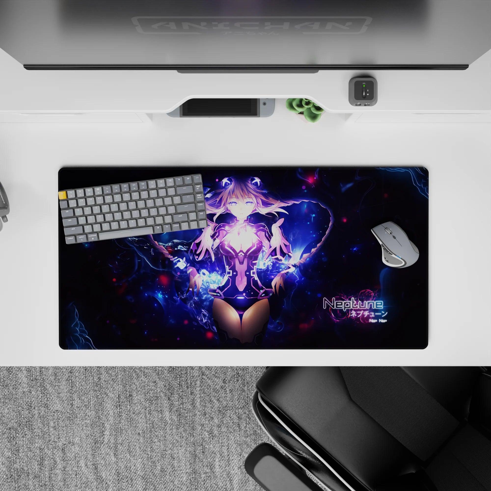 32x16 inches anime desk pad in electric violet and deep-space blue, dreamy neon galaxy dust vibe.