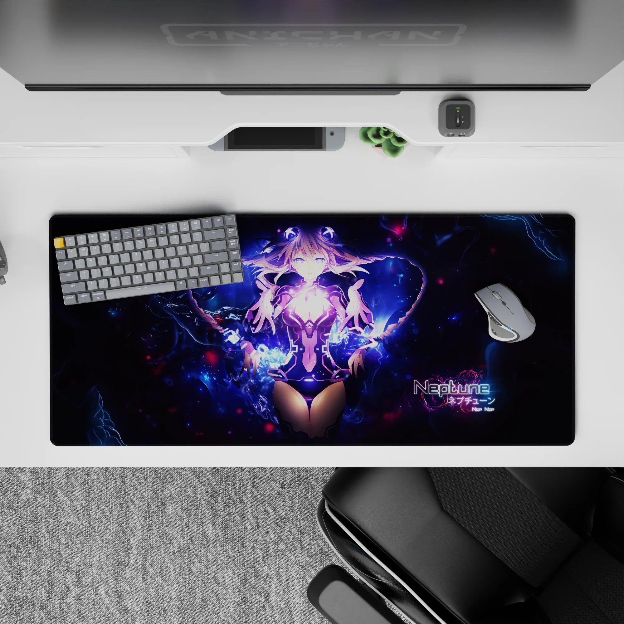 Anime girl mouse pad 36x16 inches in electric violet and deep-space blue galaxy glow, dreamy sci-fi vibe.