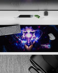 Anime girl mouse pad 36x16 inches in electric violet and deep-space blue galaxy glow, dreamy sci-fi vibe.