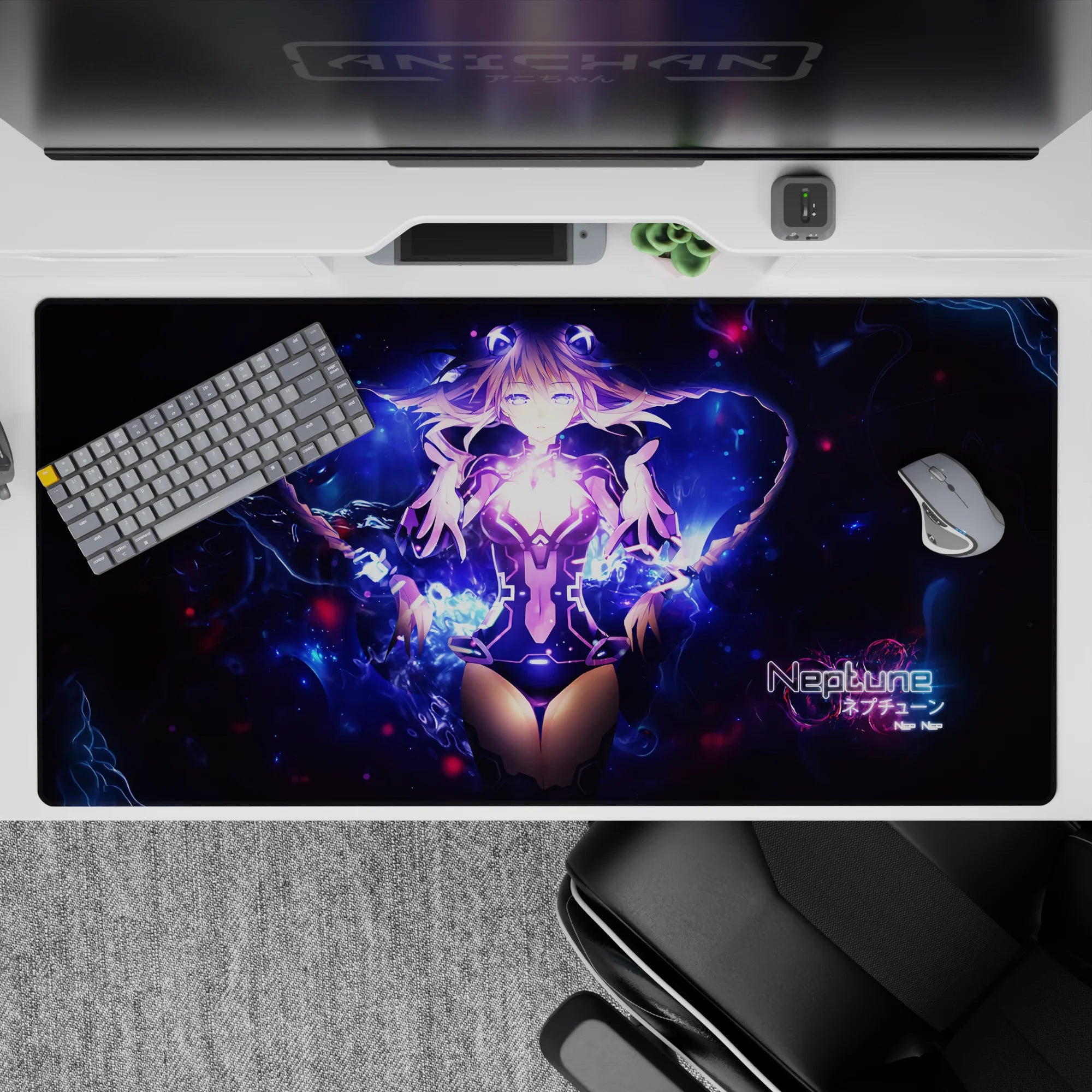 Galaxy-themed anime desk pad 40x20 inches in electric violet and deep-space blue, dreamy neon glow.