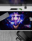 Galaxy-themed anime desk pad 40x20 inches in electric violet and deep-space blue, dreamy neon glow.