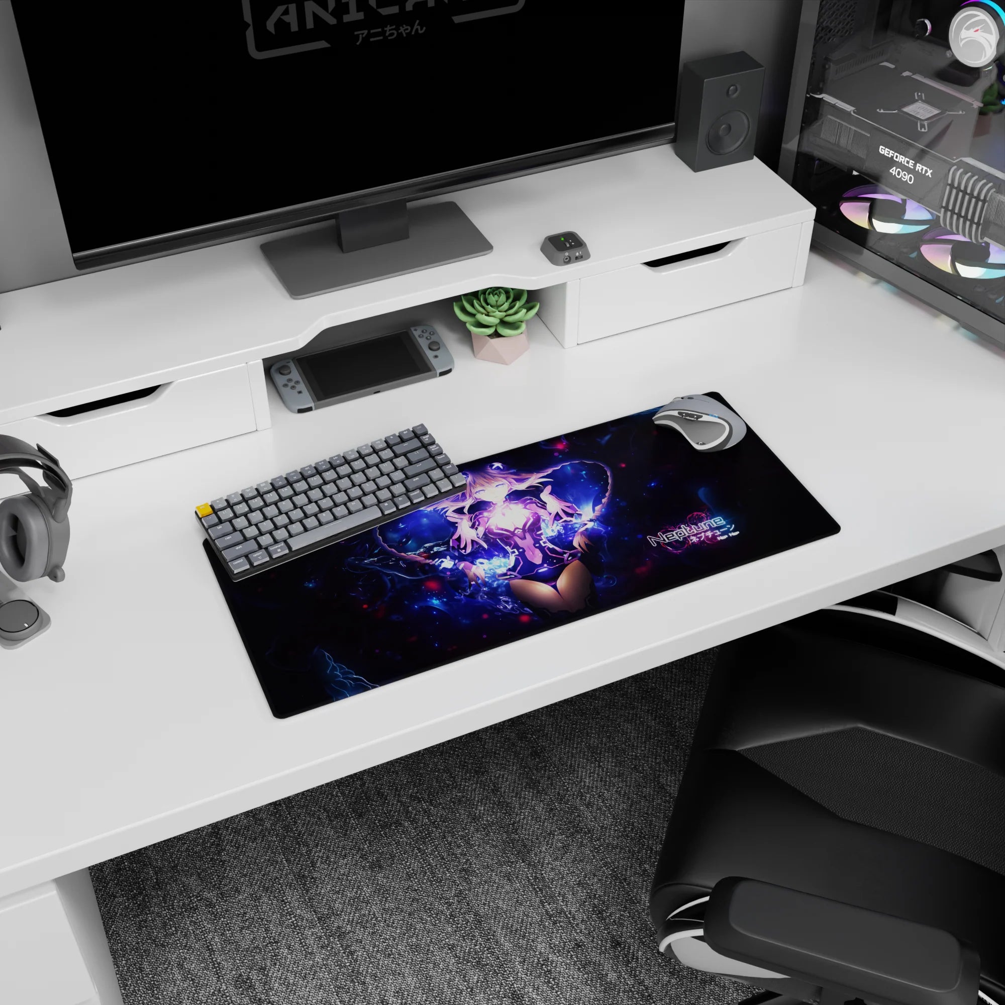 28x12 inches Hyperdimension Neptunia mouse pad featuring Neptune amid swirling galaxies and glowing heart-light.
