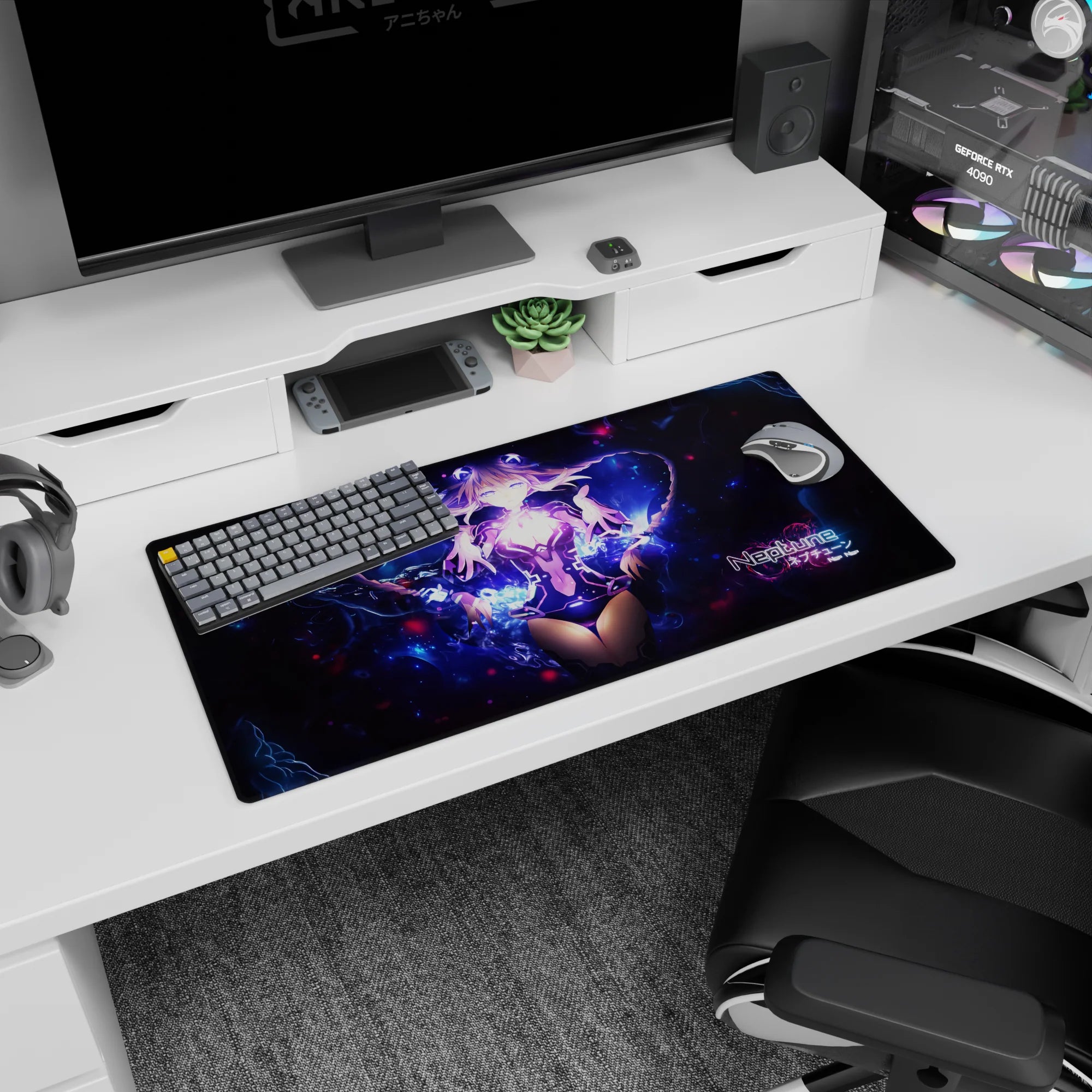 32x16 inches Hyperdimension Neptunia mouse pad featuring Neptune with a glowing heart light in space.