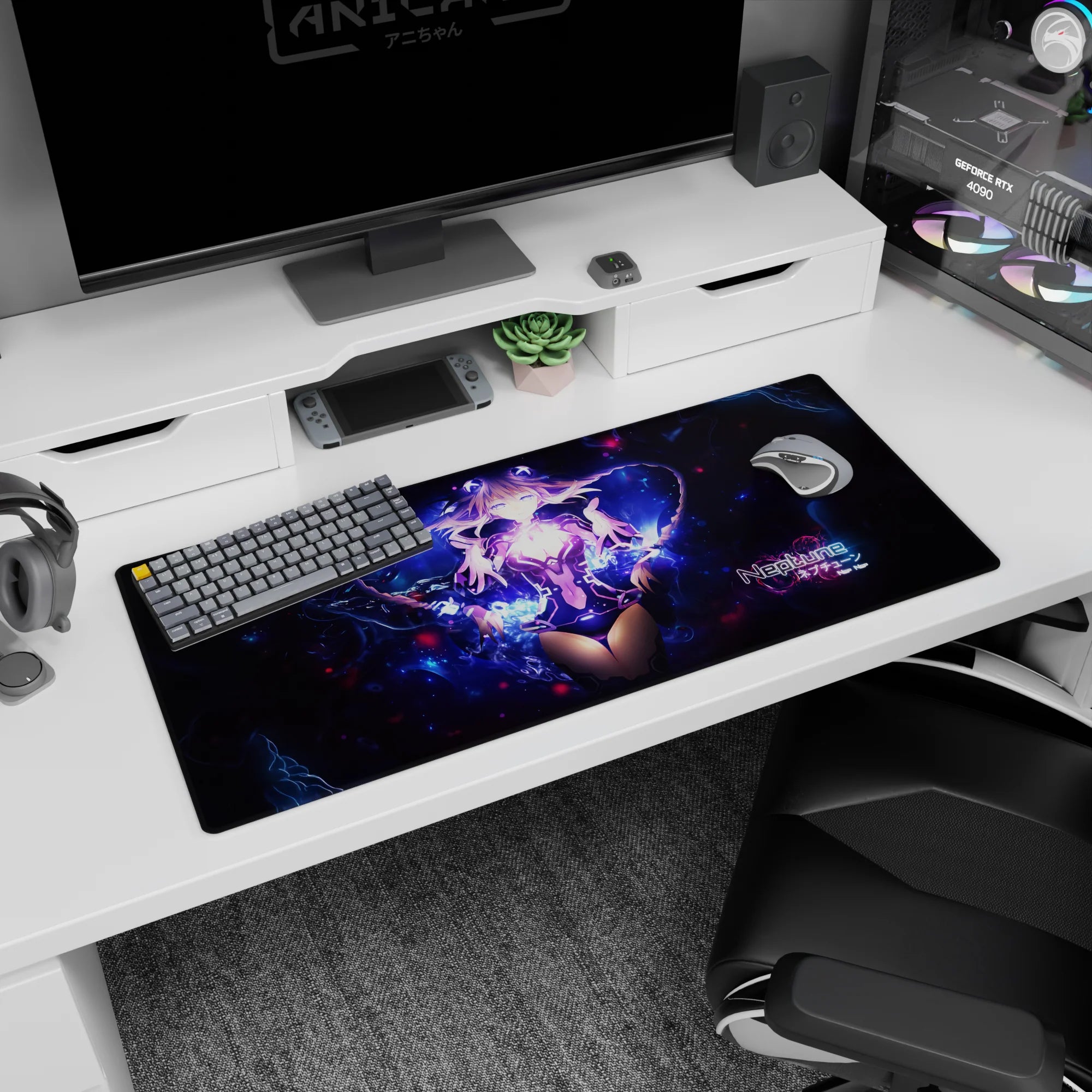 Hyperdimension Neptunia Neptune desk pad 36x16 inches with heart-light center and swirling space dust backdrop.