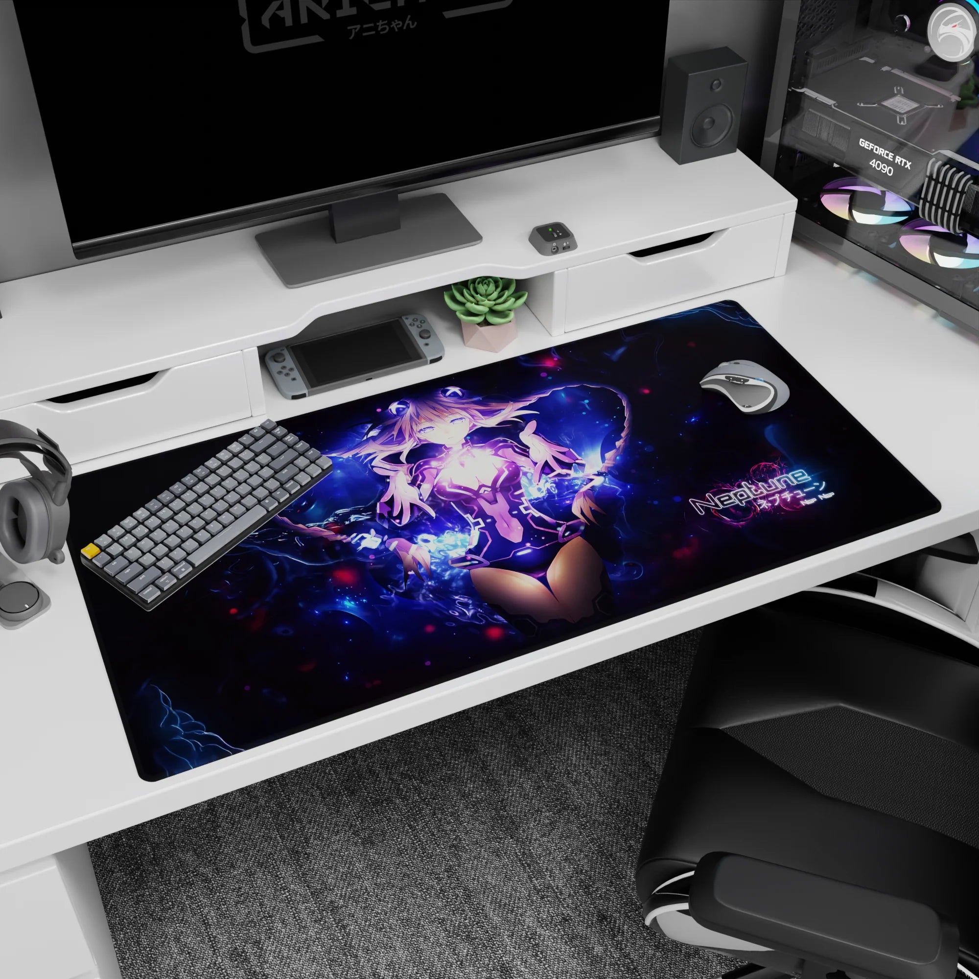 Hyperdimension Neptunia Neptune desk pad 40x20 inches, anime girl centered with heart-light and stardust.