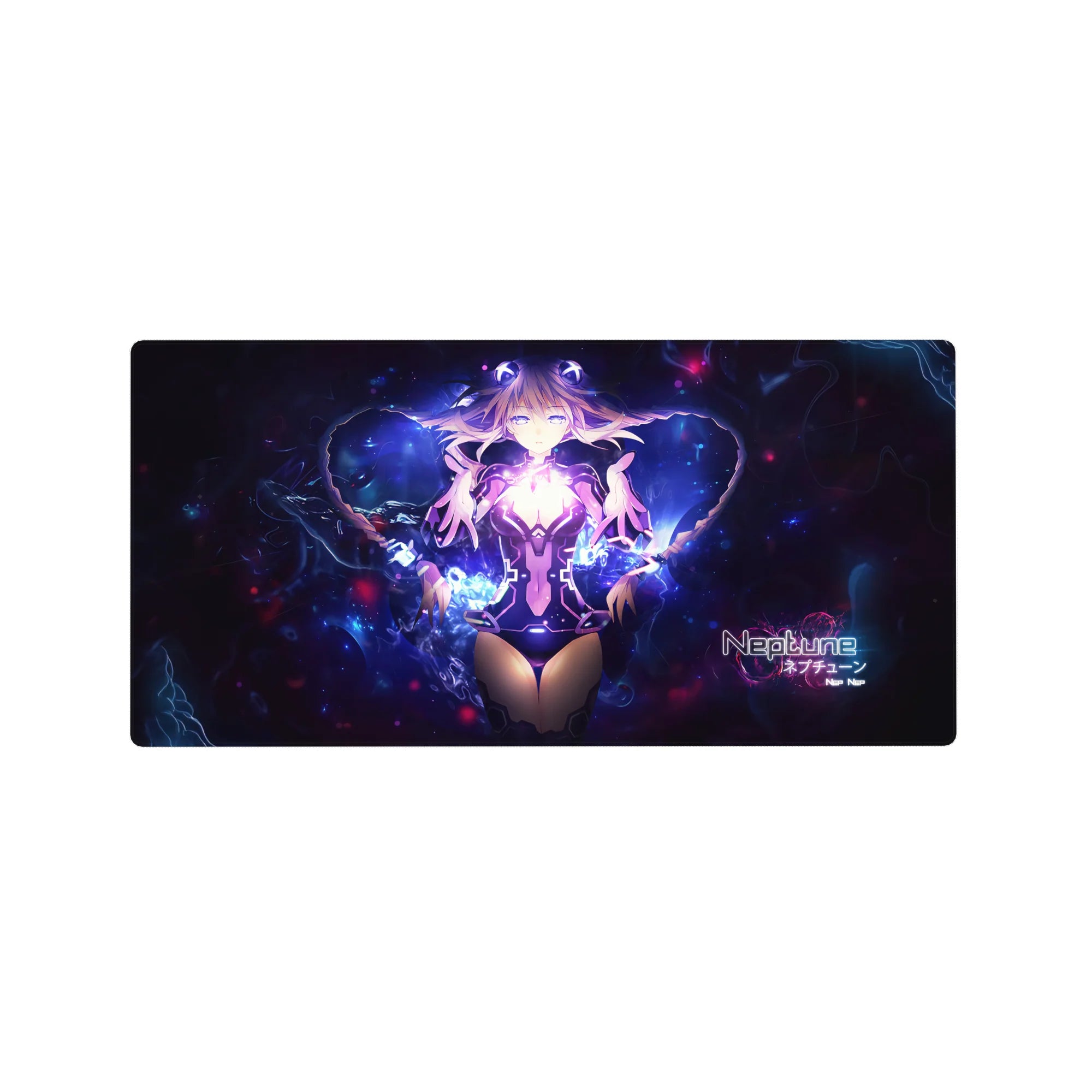 32x16 inches anime girl mouse pad with Neptune in a cosmic galaxy glow, neon sparks, and sci-fi desk mat art.