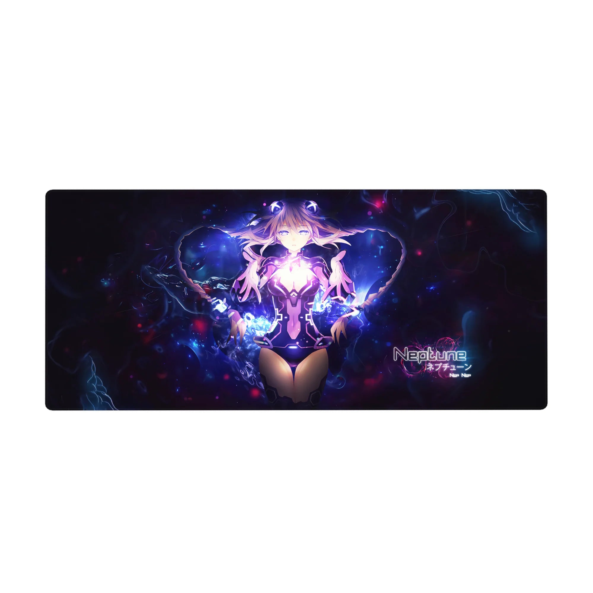 Anime girl desk pad 36x16 inches with cosmic Neptune artwork, neon sparks, and smooth tracking surface.