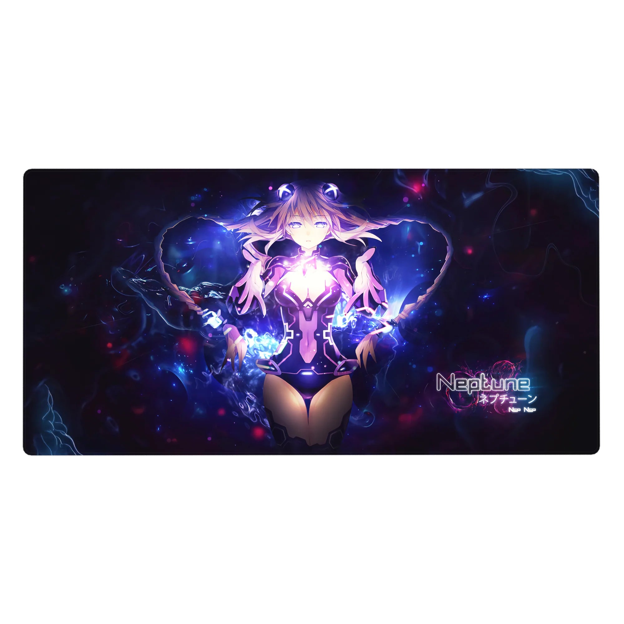 Anime girl desk pad 40x20 inches with cosmic Neptune artwork, neon sparks, and smooth tracking surface.