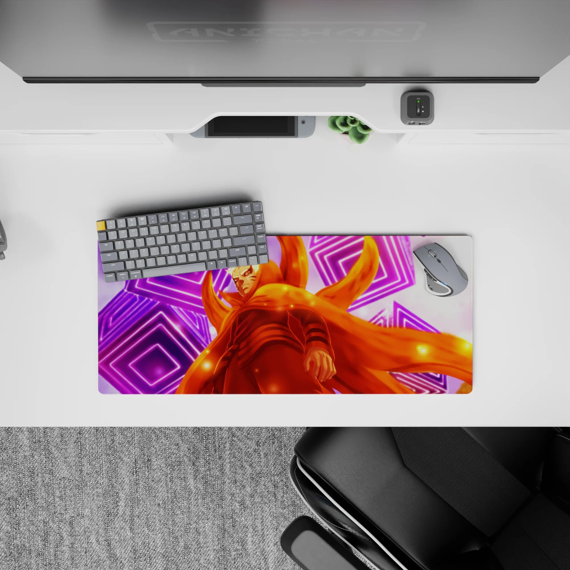 Bright orange and neon purple anime mouse pad with warm spark glow, premium feel, 28x12 inches.