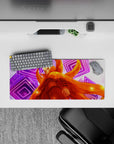 Bright orange and neon purple anime mouse pad with warm spark glow, premium feel, 28x12 inches.