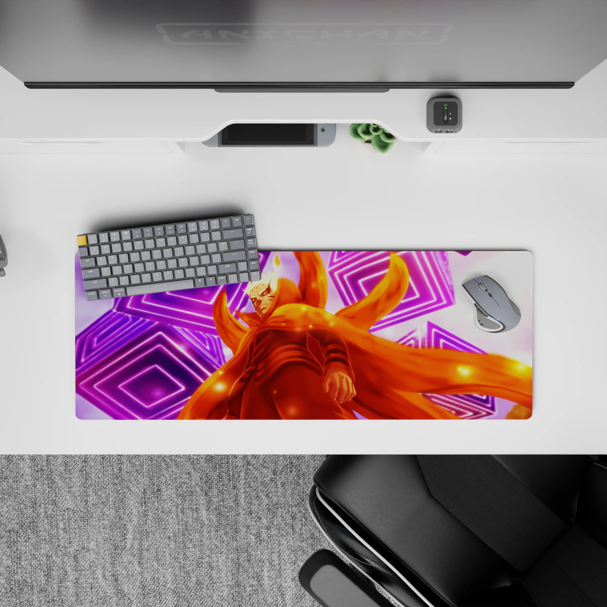 32x12 inches anime mouse pad in bright orange and neon purple, warm sparks for a bold yet calming vibe.