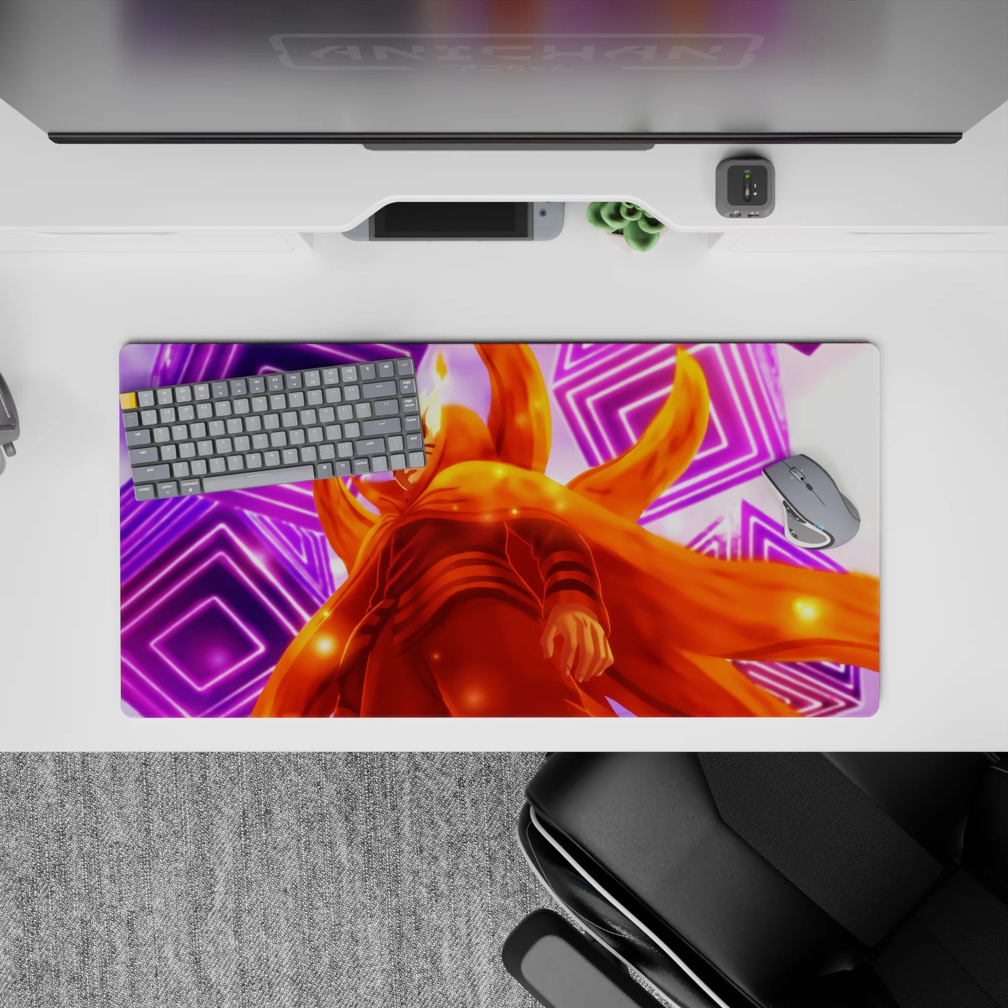 Bright orange and neon purple anime mouse pad, warm sparks and soothing glow vibe, 32x16 inches.