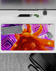 Bright orange and neon purple anime mouse pad, warm sparks and soothing glow vibe, 32x16 inches.