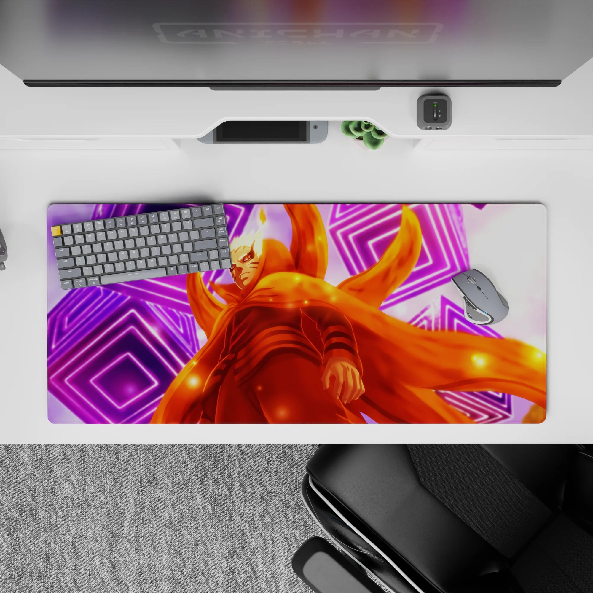 Vibrant 36x16 inches anime desk pad in blazing orange and neon purple, warm sparks for a bold calm vibe.