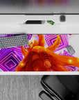 Vibrant 36x16 inches anime desk pad in blazing orange and neon purple, warm sparks for a bold calm vibe.