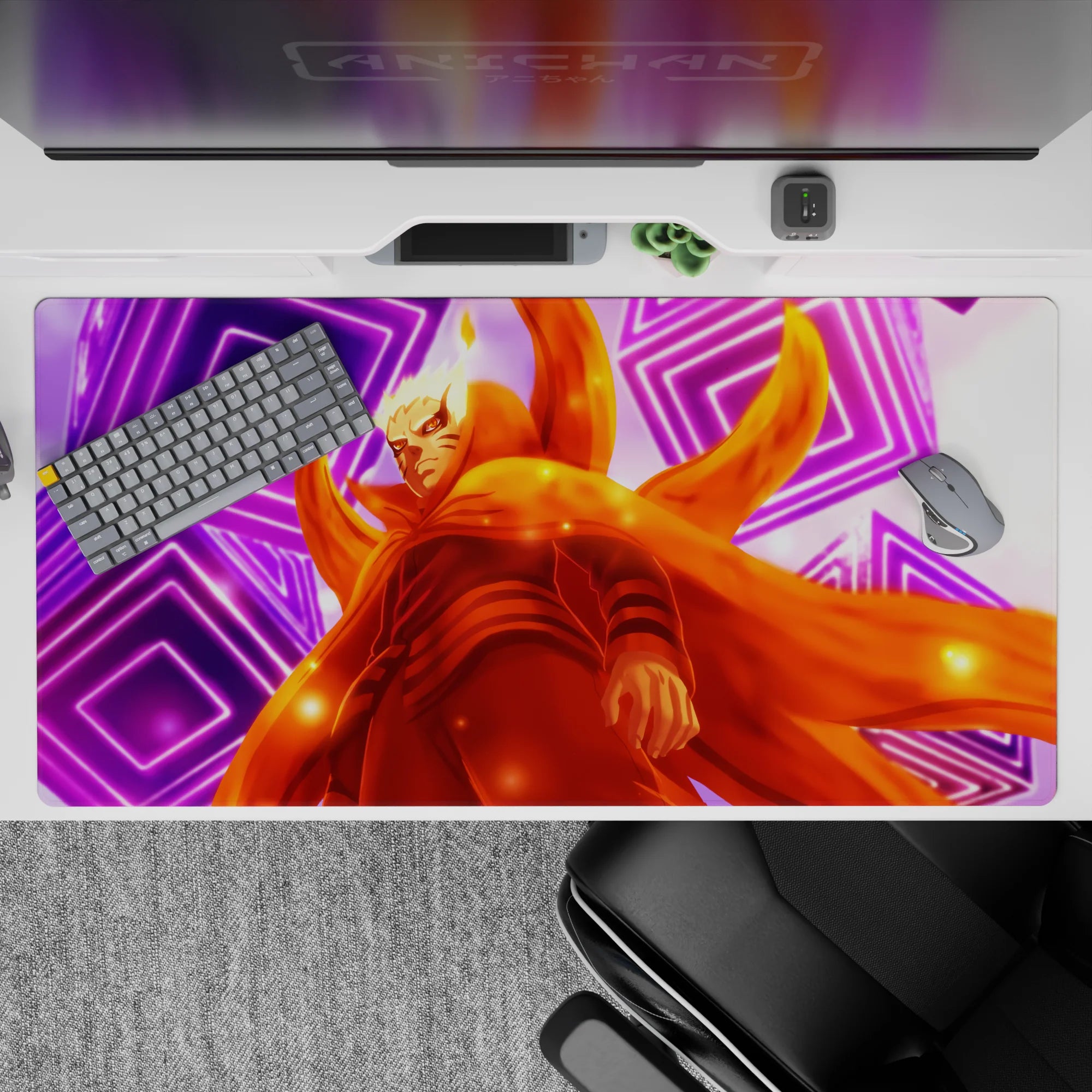 40x20 inches desk pad in blazing orange and neon purple, warm sparks, bold Naruto Shippuden vibe.