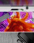 40x20 inches desk pad in blazing orange and neon purple, warm sparks, bold Naruto Shippuden vibe.