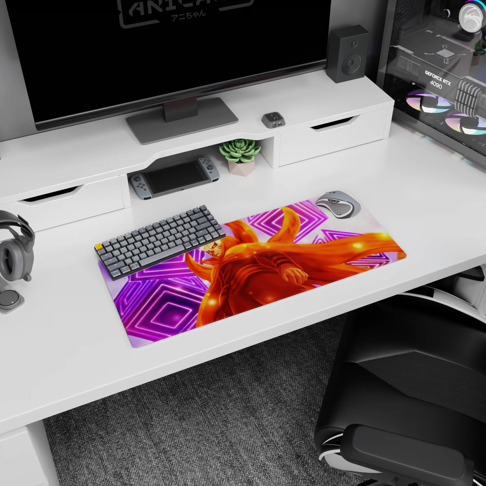 Naruto Uzumaki in Kurama chakra mode staring forward with drifting sparks mouse pad, 28x12 inches.
