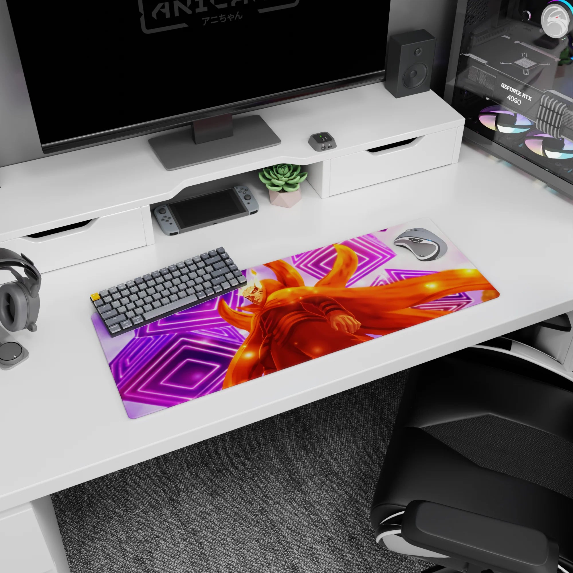 32x12 inches Naruto Shippuden mouse pad featuring Naruto Uzumaki in Kurama mode with glowing chakra aura.
