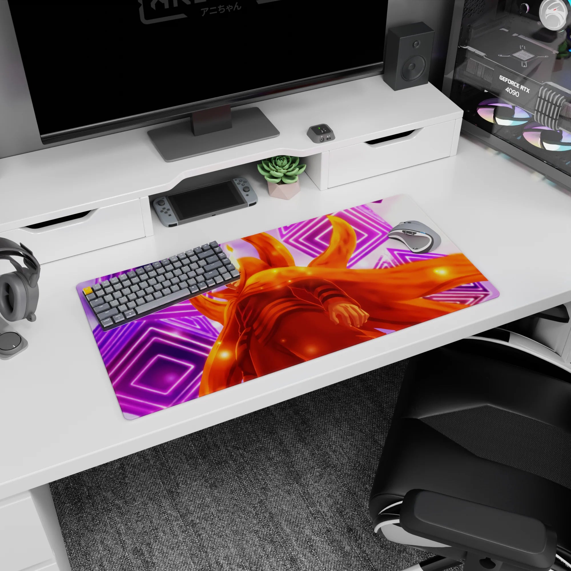 Naruto Uzumaki in Kurama mode staring forward with drifting sparks backdrop, anime mouse pad 32x16 inches.