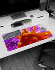 Naruto Uzumaki in Kurama mode staring forward with drifting sparks backdrop, anime mouse pad 32x16 inches.