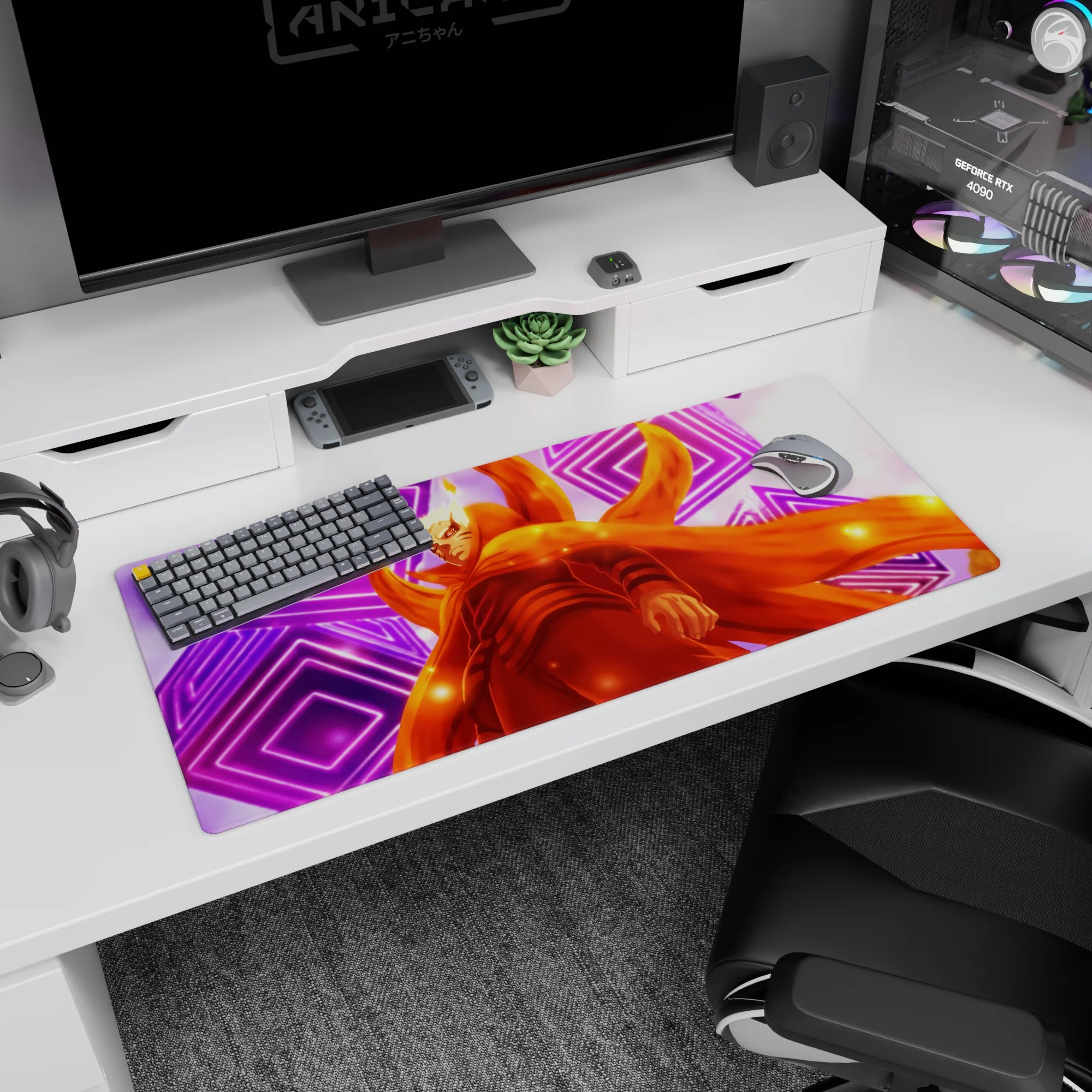 Naruto Uzumaki Kurama mode anime desk pad 36x16 inches, intense stare with purple geometric rings and sparks.