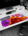 Naruto Uzumaki Kurama mode anime desk pad 36x16 inches, intense stare with purple geometric rings and sparks.