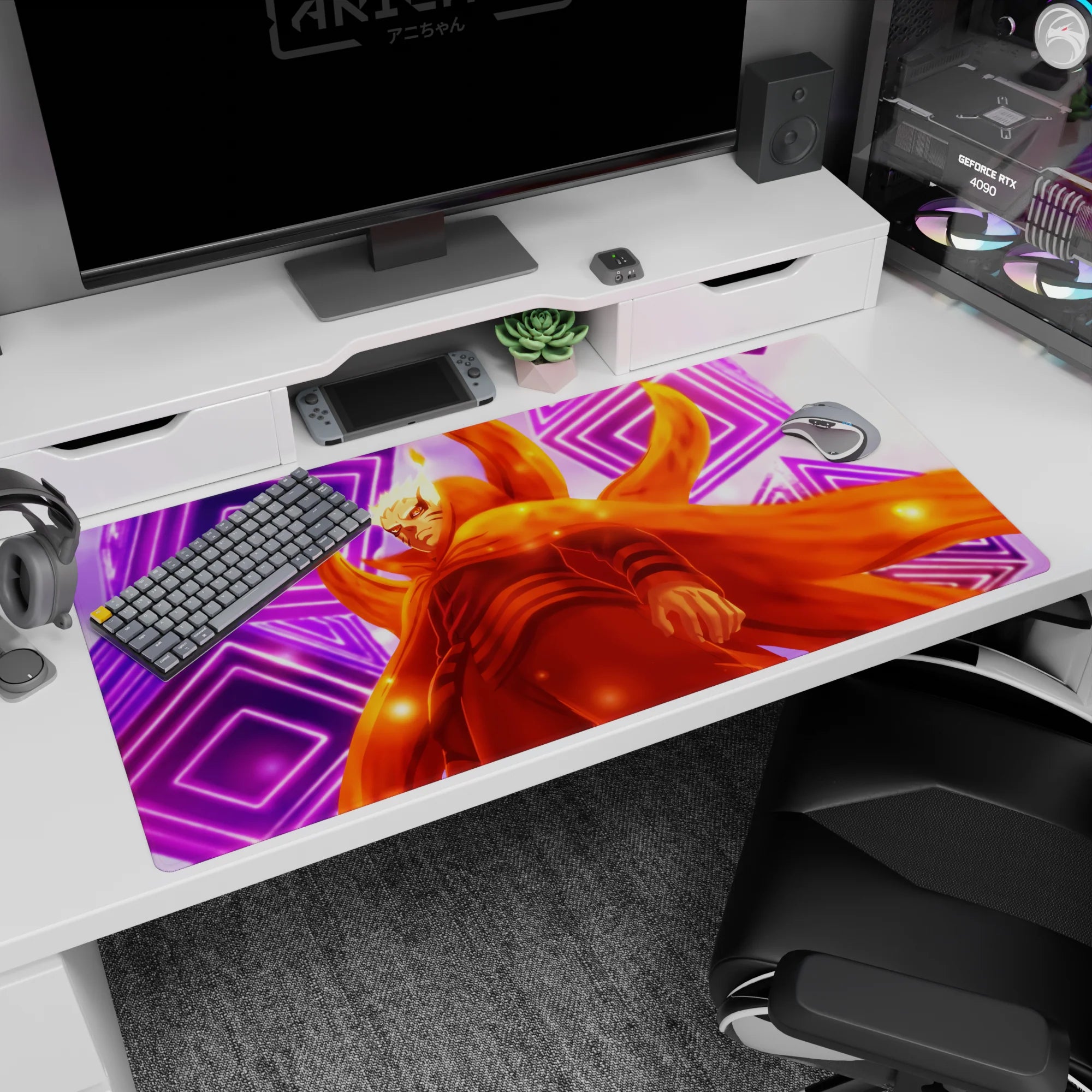 40x20 inches anime desk pad showing Naruto Uzumaki in Kurama mode with glowing chakra cloak and rings.