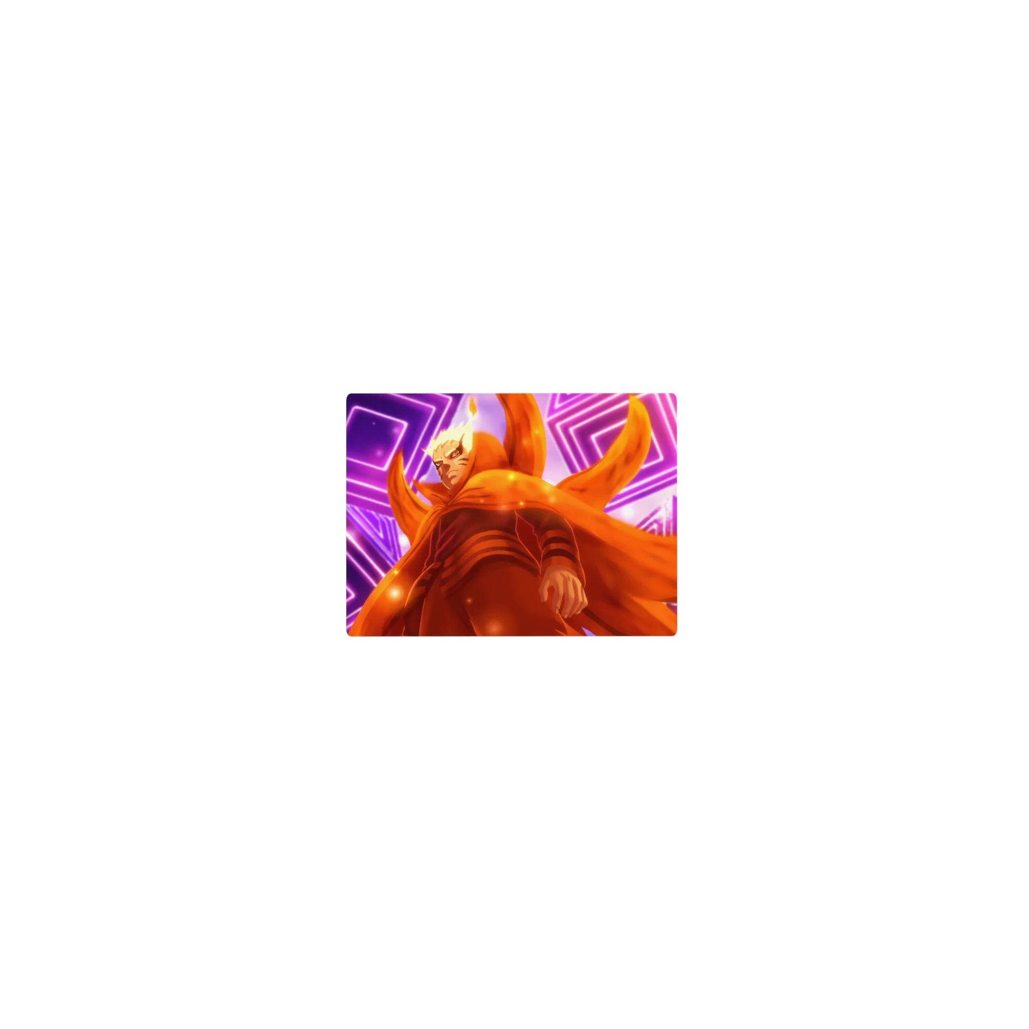 14x10 inches classic anime mouse pad with Kurama mode ninja, neon purple rings and drifting sparks.