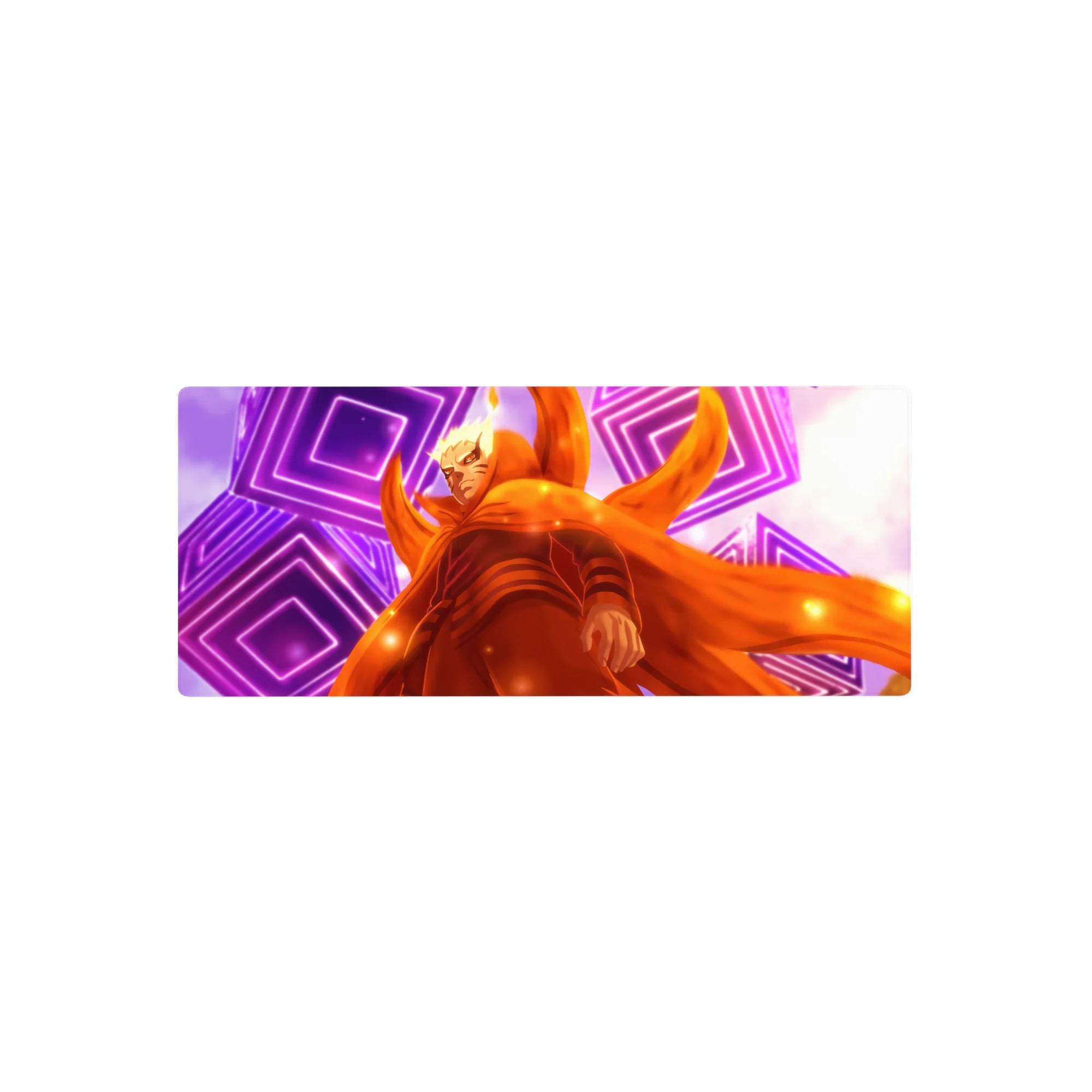 Naruto Kurama mode anime mouse pad with neon purple rings and orange chakra cloak, 28x12 inches.
