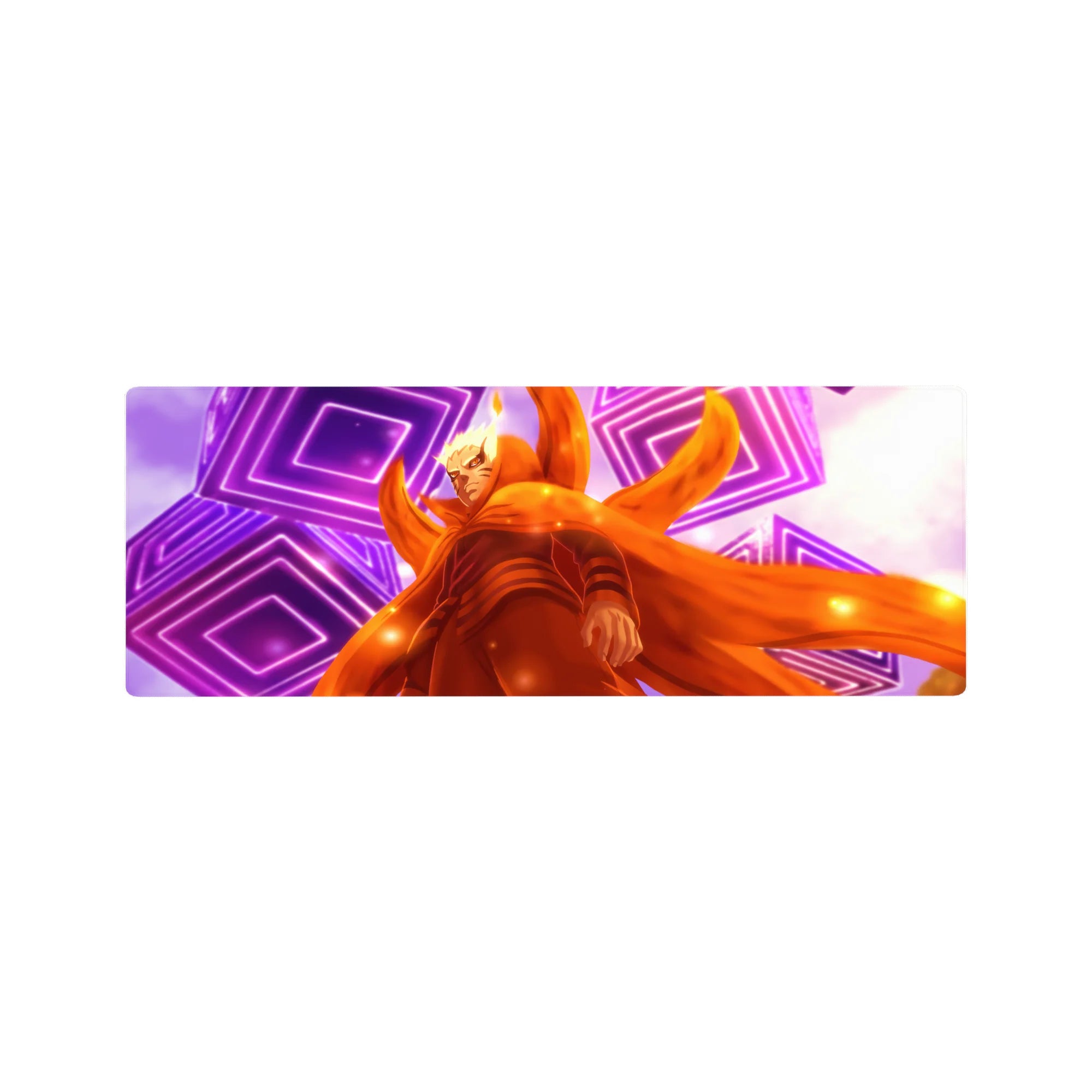 32x12 inches anime mouse pad with Kurama mode ninja, neon purple rings, and blazing orange chakra cloak.